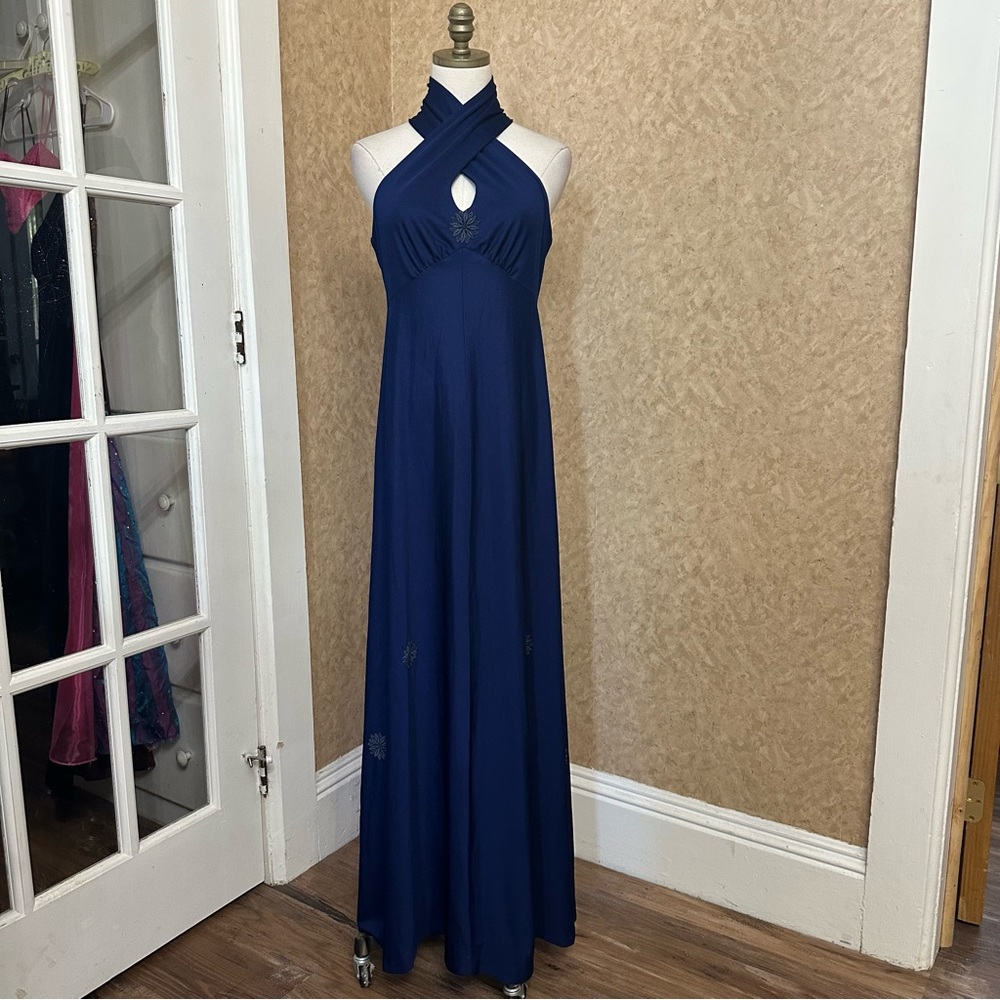 VTG 70s Retro Navy Blue Floral High Neck Criss Cross Neck Empire Waist Dress